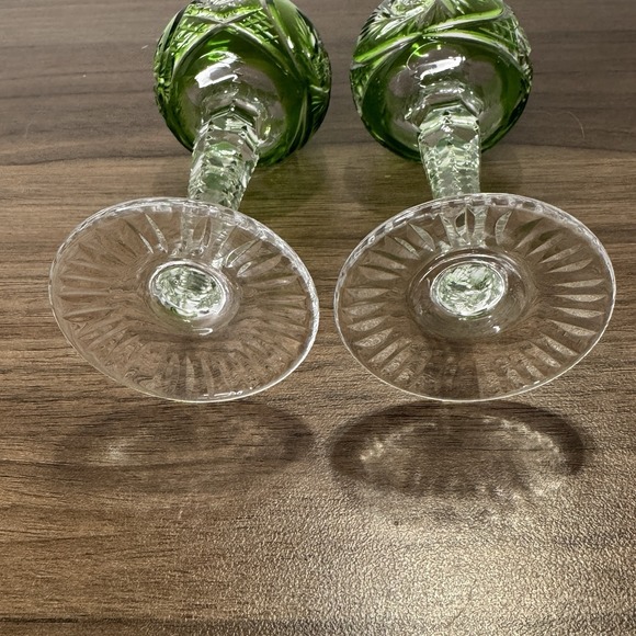 Set Of 2 Vintage Mini Green Cut to Clear Bohemian Crystal Cordial Glasses 4.5" - Picture 6 of 8